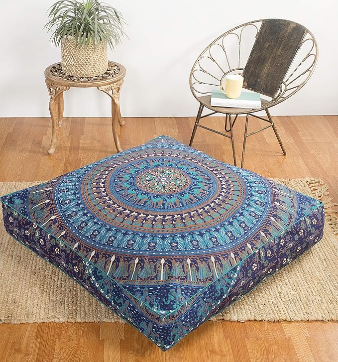 Popular Handicrafts Floor Pillow Cushion Cover - Hippie Mandala Square Ottoman Indian Elephant Camel Daybed Oversized Cotton Cushion Cover with Heavy Duty Zipper - Dog-Pets Bed, 35" Blue Turqouise
