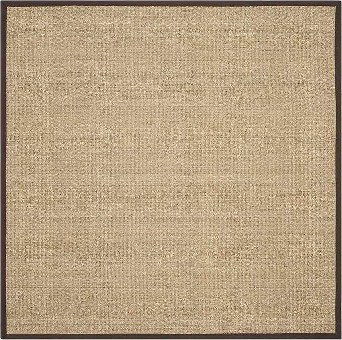 SAFAVIEH Area Rug 8' Square - Natural Fiber Collection - Natural & Dark Brown, Seagrass, Basketweave Pattern with Border (NF114K)