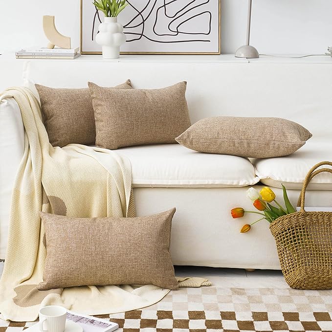 Home Brilliant Burlap Linen Pillow Covers Lumbar Oblong Cushion Cover Decorative 12x20 Throw Pillow Cover for Sofa, 30cm x 50cm, Set of 4, Natural Linen