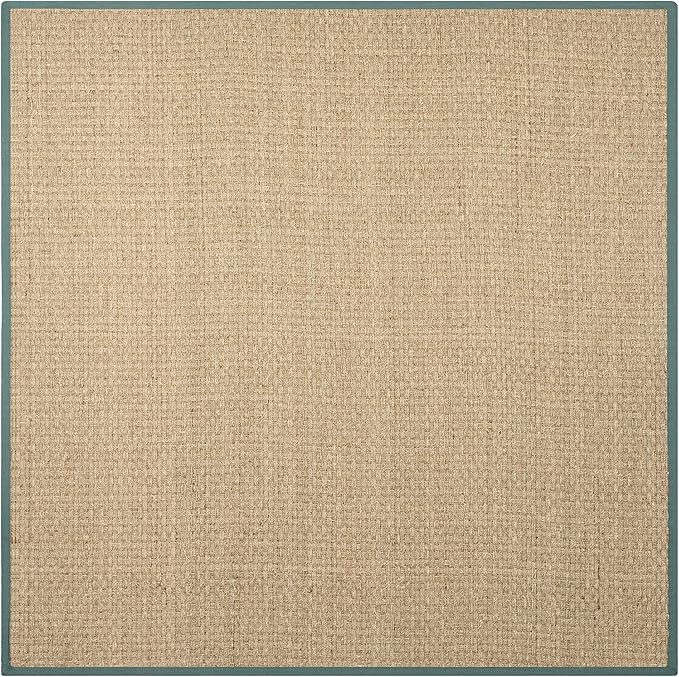 SAFAVIEH Area Rug 8' Square - Natural Fiber Collection - Natural & Light Blue, Seagrass, Basketweave Pattern with Border (NF114M)