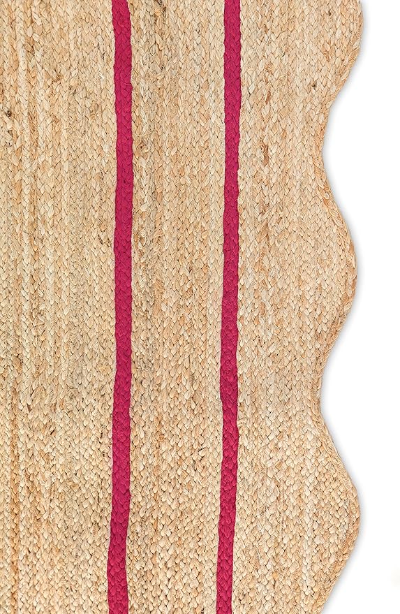 Wave Scalloped Natural Jute Rug Boho Jute Rug Entryway Runner Rug Farmhouse Scallop Rug, Dark Pink (9'x12')