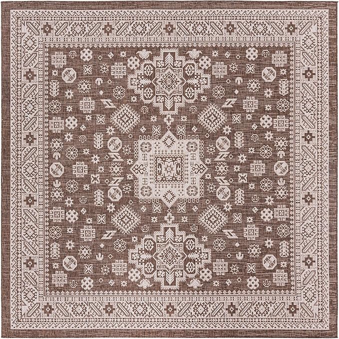 Rugs.com Outdoor Aztec Collection Rug – 10 Ft Square Brown Flatweave Rug Perfect for Living Rooms, Kitchens, Entryways