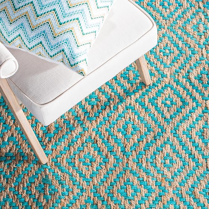 SAFAVIEH Area Rug 8x10 - Natural Fiber Collection - Large - Turquoise & Natural, Handmade Jute, Boho Style, Diamond Pattern, Ideal for Living Room, Bedroom, Dining Space (NF266C)