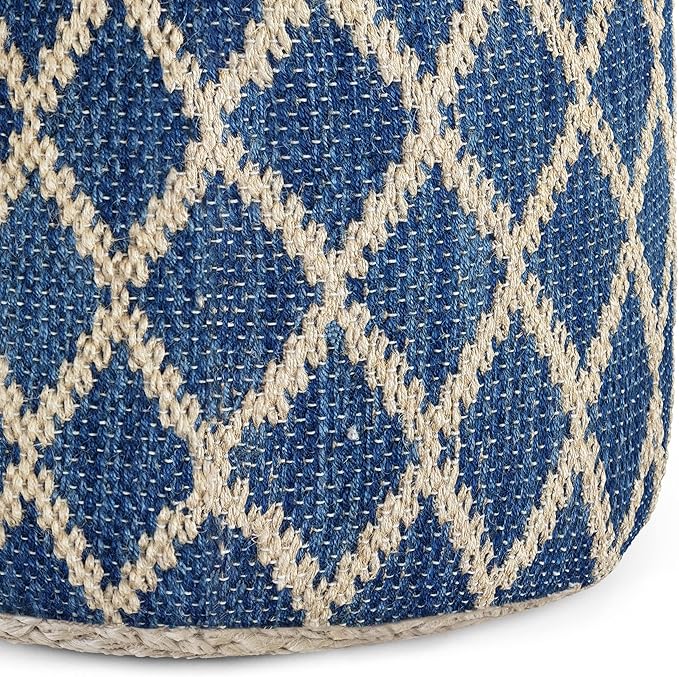 SIMPLIHOME Edgeley Round Pouf - 18 inch Wide Handwoven Jute and Cotton Ottoman in Classic Blue and Natural, Boho-Style Footstool or Extra Seating for Living Room, Bedroom, or Kids Room, Assembled