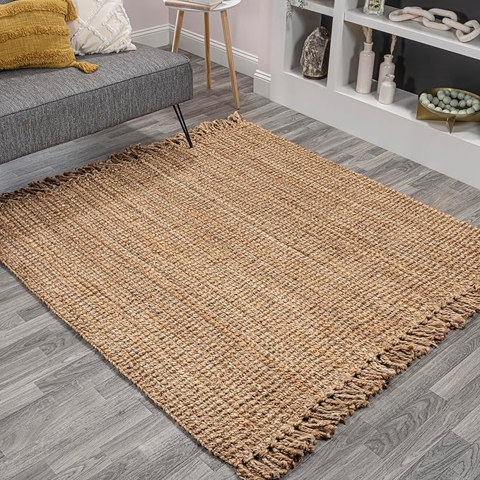 JONATHAN Y Handwoven Jute Fringe Natural 9x9 Square Indoor Area Rug, Pata, Bohemian, Rustic, Cottage, Easy-Cleaning for Living Room, Bedroom, Kitchen, Non-Shedding (NRF103A-9SQ)