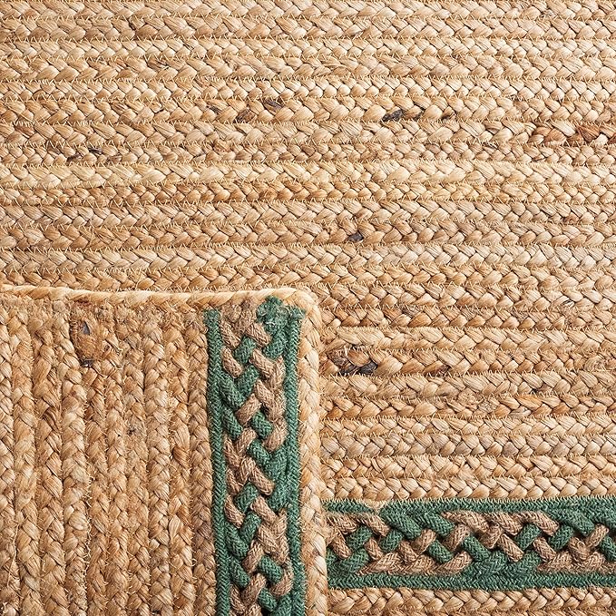SAFAVIEH Natural Fiber Collection Area Rug - 6' Square, Natural & Green, Handmade Stripe Boho Farmhouse Rustic Braided Jute, Ideal for High Traffic Areas in Living Room, Bedroom (NFB262Y)