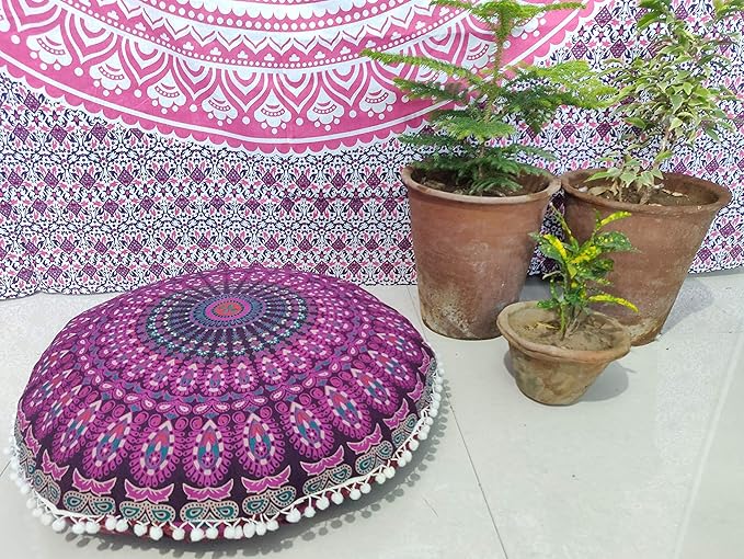 INDIAN CRAFT CASTLE 24" Pink Peacock Mandala Barmeri Large Floor Pillow Cover Cushion Meditation Seating Ottoman Throw Cover Hippie Decorative Zipped Bohemian Pouf Ottoman Pom Pom Cases 24" Round