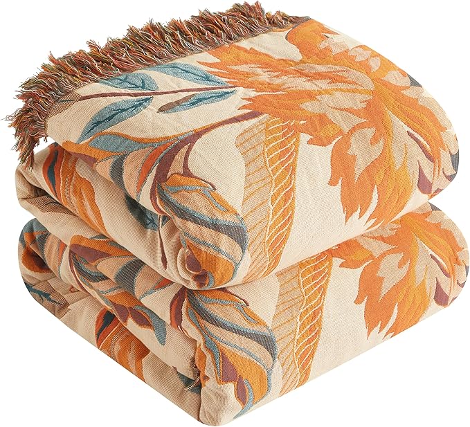 Boho Throw Blanket for Bed 80”x90”, 100% Cotton Woven Blanket for Couch Sofa, Ultra Soft 4-Layer Muslin Quilt with Floral Printed, Farmhouse Bed Blanket/Cover for Living Room Decor