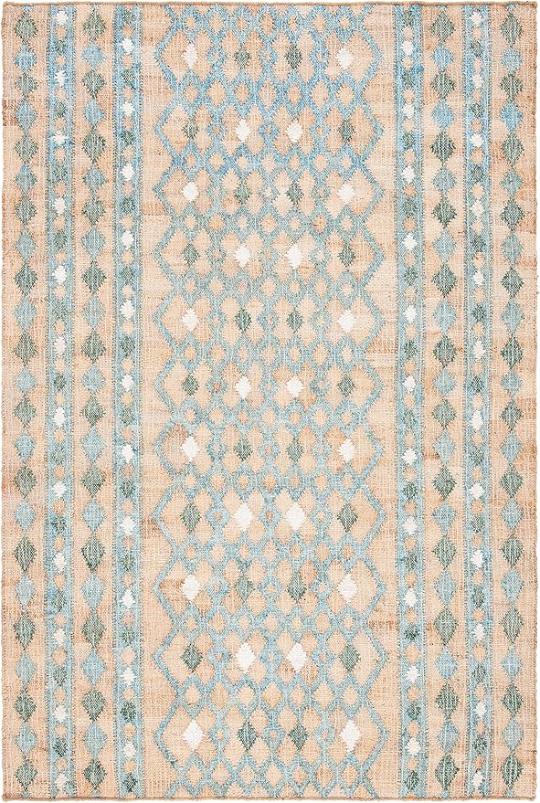 SAFAVIEH Kilim Collection Area Rug - 6' x 9', Natural & Blue, Flat Weave Jute Design, Ideal for High Traffic Areas in Living Room, Bedroom (KLM759M)