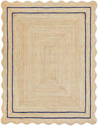 Wave Scalloped Natural Jute Rug Boho Jute Rug Entryway Runner Rug Farmhouse Scallop Rug, Navy (11'x14')