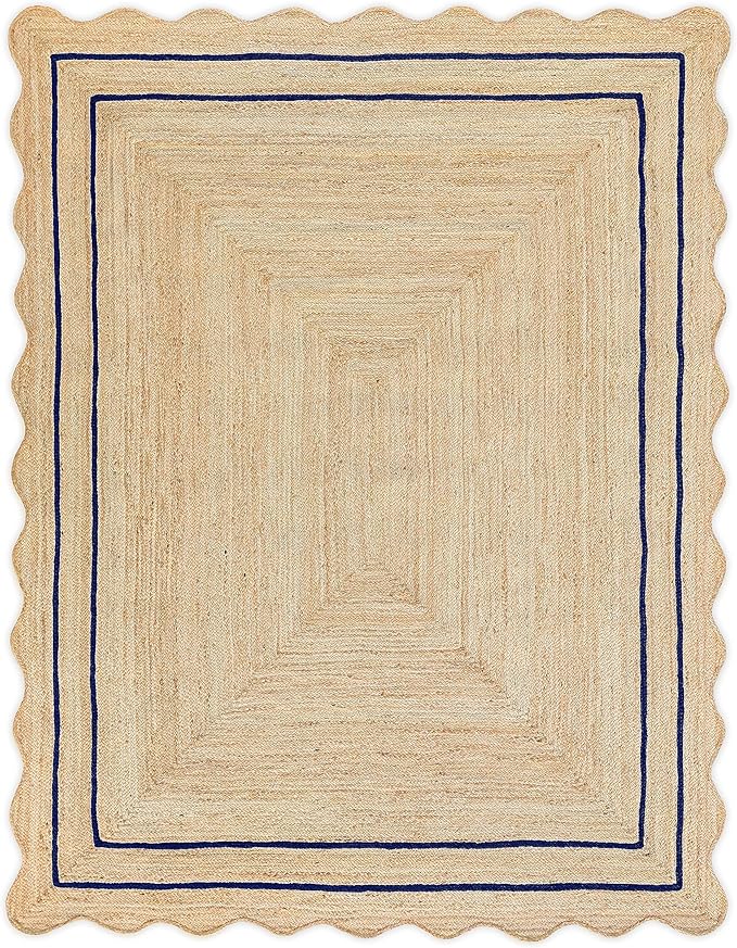 Wave Scalloped Natural Jute Rug Boho Jute Rug Entryway Runner Rug Farmhouse Scallop Rug, Navy (2'x3')