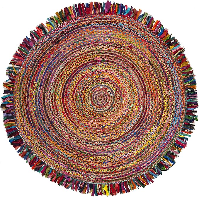SAFAVIEH Cape Cod Collection Area Rug - 7' Round, Ivory & Red, Handmade Boho Fringe Jute & Cotton, Ideal for High Traffic Areas in Living Room, Bedroom (CAP206A)