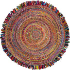 SAFAVIEH Cape Cod Collection Area Rug - 7' Round, Ivory & Red, Handmade Boho Fringe Jute & Cotton, Ideal for High Traffic Areas in Living Room, Bedroom (CAP206A)