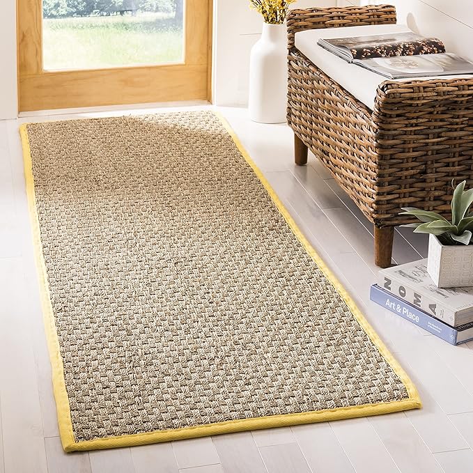 SAFAVIEH Natural Fiber Collection Runner Rug - 2'6" x 8', Natural & Gold, Seagrass, Basketweave Pattern with Border (NF114X)
