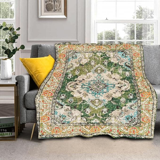 Vintage Rug Blanket Soft Flannel Lightweight Green Orange Retro Carpet Aesthetic Throw Blanket Cozy Warm Blankets All Seasons Living Room Decor for Kids Adults Use On Couch Bed Office 60x80 inch