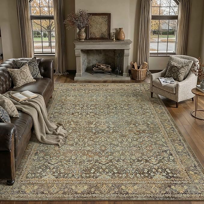 Area Rug 5x7 Brown Living Room Washable Vintage Carpet Non Slip Indoor Retro Traditional Accent Throw Large Rug for Office Kitchen Bedroom Dining Room