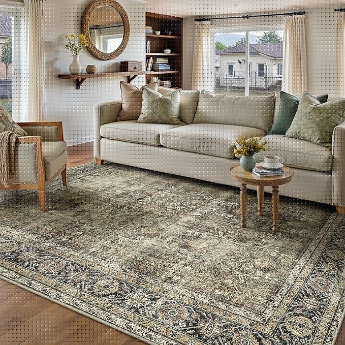 Vintage Area Rug 10x12 Brown Washable Living Room Large Carpet Non Slip Bedroom Indoor Office Low Pile Traditional Distressed Retro Accent Rug for Dining Room