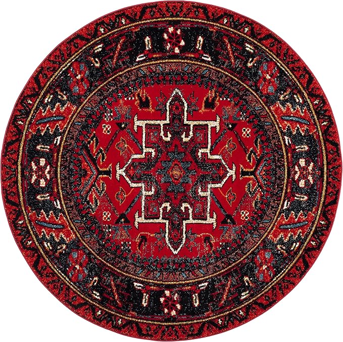 SAFAVIEH Vintage Hamadan Collection Area Rug - 8' Round, Red & Multi, Traditional Persian Design, Non-Shedding & Easy to Clean, Ideal for Living Room, Bedroom, Dining Space (VTH211A)