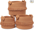NaturalCozy 3-Piece Boho Decor Storage Basket Set Cotton Rope Woven Baskets for Organizing! Small Basket for Baby Stuff, Baby Shower, Gift Basket, Nursery Basket, Planter, Toy Basket, Shelves