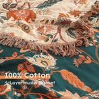 Boho Throw Blanket for Bed 60”x80”, 100% Cotton Woven Blanket for Couch Sofa, Ultra Soft 4-Layer Muslin Quilt with Floral Printed, Farmhouse Bed Blanket/Cover for Living Room Decor