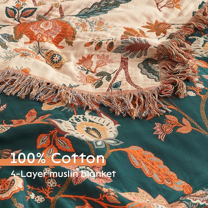 Boho Throw Blanket for Bed 90”x108”, 100% Cotton Woven Blanket for Couch Sofa, Ultra Soft 4-Layer Muslin Quilt with Floral Printed, Farmhouse Bed Blanket/Cover for Living Room Decor