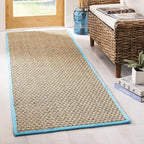 SAFAVIEH Natural Fiber Collection Runner Rug - 2'6" x 12', Natural & Turquoise, Seagrass, Basketweave Pattern with Border (NF114S)