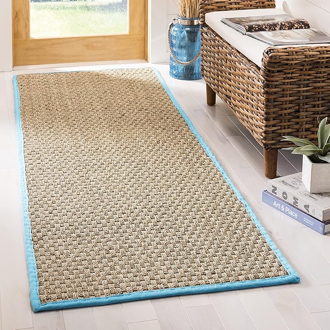 SAFAVIEH Natural Fiber Collection Runner Rug - 2'6" x 10', Natural & Turquoise, Seagrass, Basketweave Pattern with Border (NF114S)