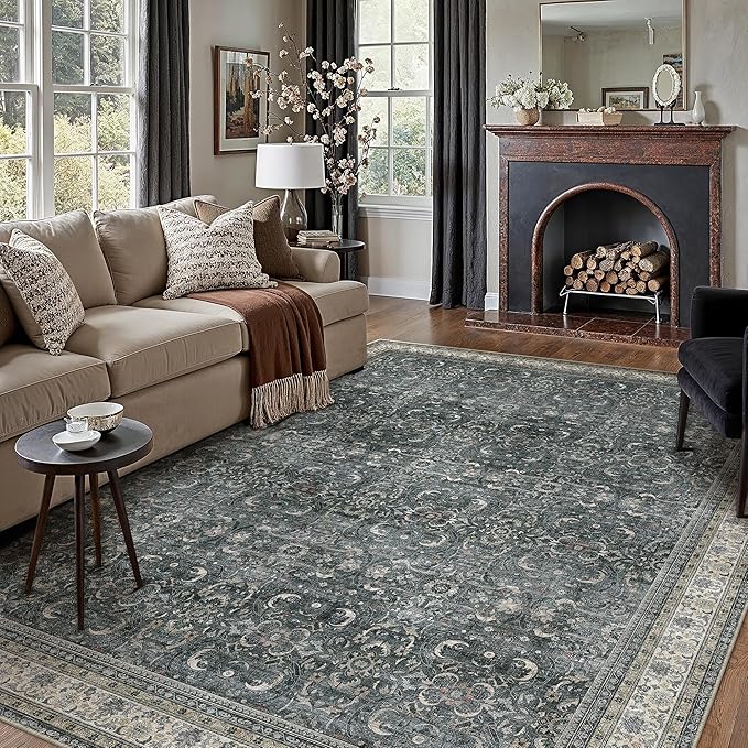 HUGEAR Area Rug 6x9 Vintage Black Machine Washable Living Room Rugs Distressed Retro Floral Vacuumable Low Pile Carpet Bedroom Office Dining Room Laundry Room Non Slip Soft Lightweight