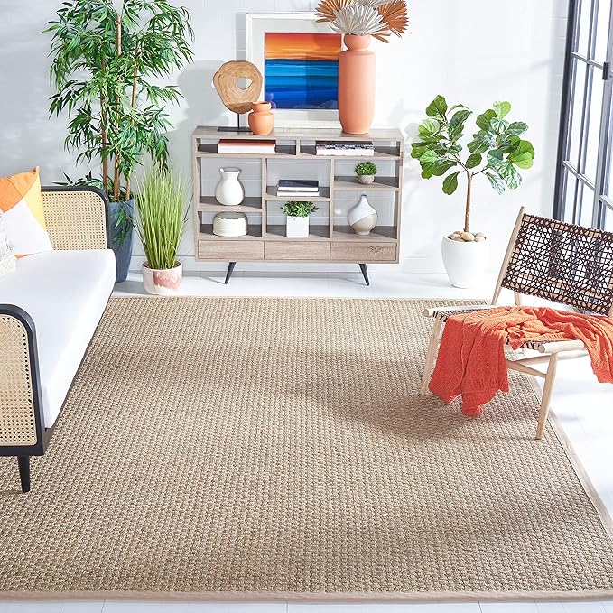 SAFAVIEH Area Rug 9x12 - Natural Fiber Collection - Large - Natural & Beige, Seagrass, Basketweave Pattern with Border (NF114A)