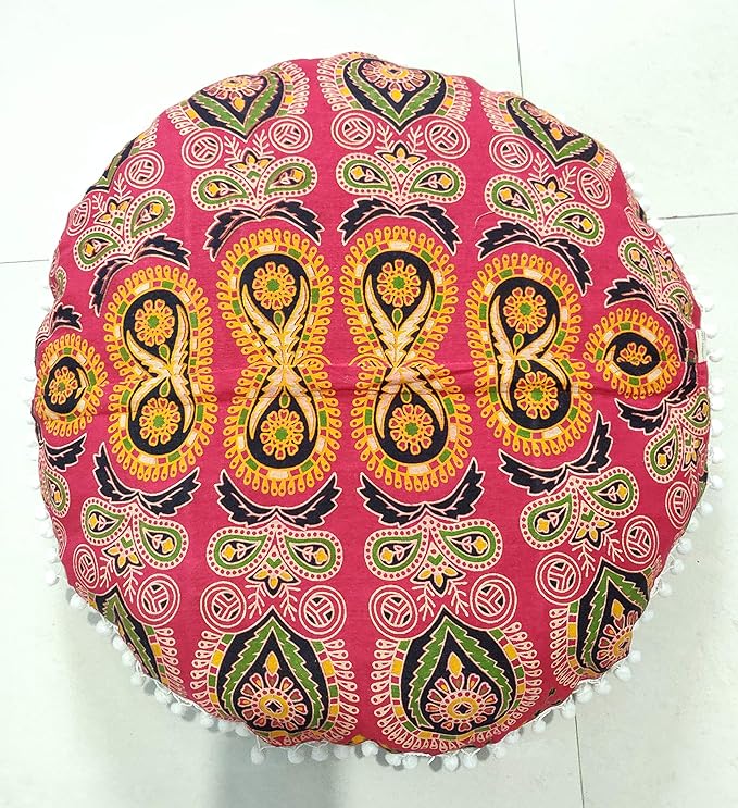 INDIAN CRAFT CASTLE 24" Red Peacock Mandala Barmeri Large Floor Pillow Cover Cushion Meditation Seating Ottoman Throw Cover Hippie Decorative Zipped Bohemian Pouf Ottoman Pom Pom Cases 24" Round