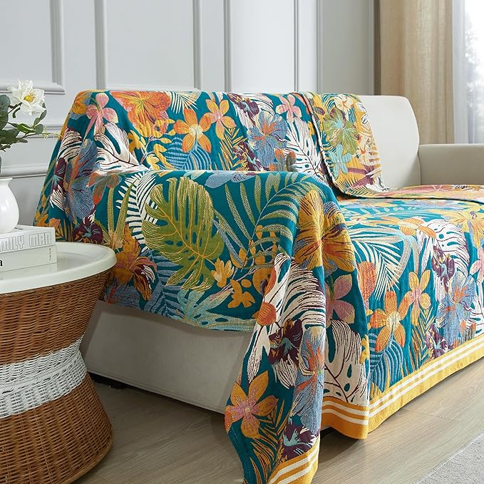 Boho Throw Blanket for Bed 90”x98”, 100% Cotton Woven Blanket for Couch Sofa, Ultra Soft 4-Layer Muslin Quilt with Floral Printed, Farmhouse Bed Blanket/Cover for Living Room Decor