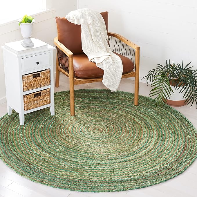 SAFAVIEH Area Rug 4' Round - Cape Cod Collection - Green & Natural Brown, Handmade Jute & Cotton, Woven Braided Design (CAP202Y)
