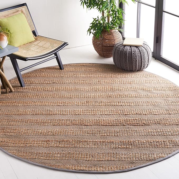 SAFAVIEH Natural Fiber Collection 7' Round Grey/Natural NFB654F Handmade Boho Farmhouse Rustic Jute & Cotton Jute Area Rug