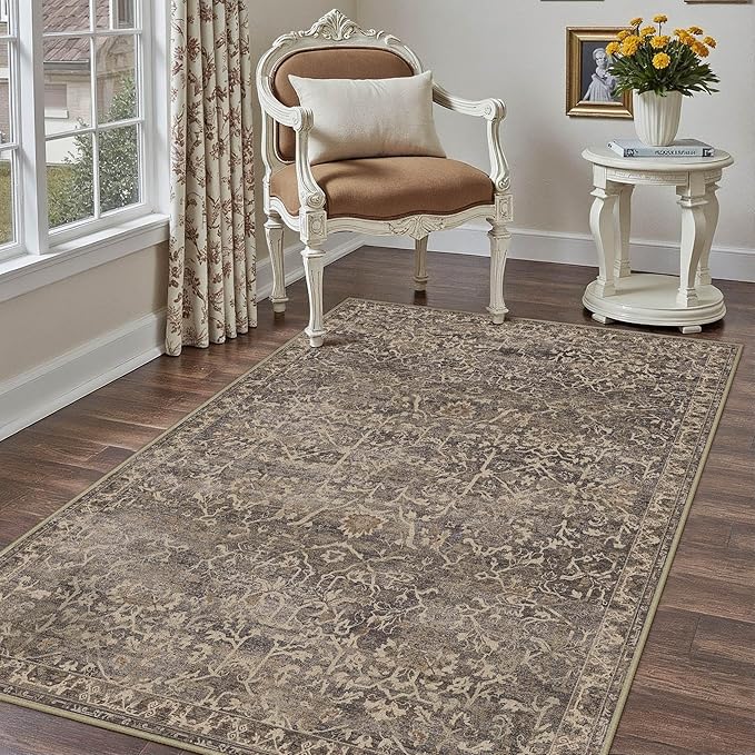HUGEAR Area Rug 5x7 Retro Brown Machine Washable Living Room Rugs Distressed Vintage Floral Vacuumable Low Pile Carpet Bedroom Office Dining Room Laundry Room Non Slip Soft Lightweight