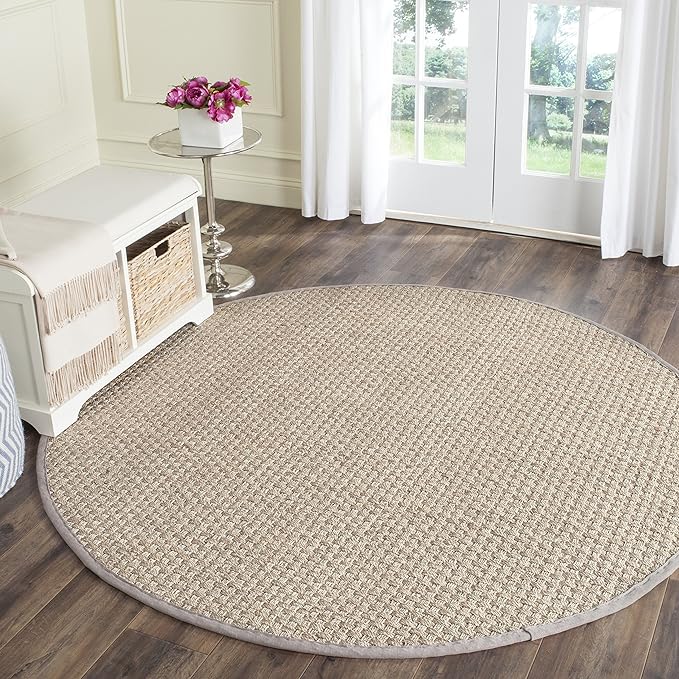 SAFAVIEH Area Rug 6' Round - Natural Fiber Collection - Natural & Grey, Seagrass, Basketweave Pattern with Border (NF114P)
