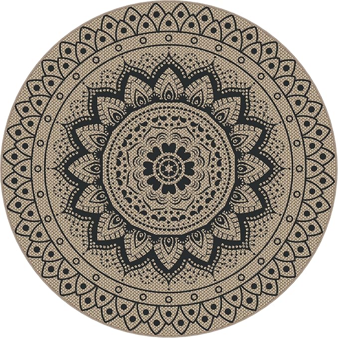 Outdoor Round Rug 5ft, Easy Jute Rug Washable Indoor Outdoor Patio Rug, Non Slip Round Area Rug Farmhouse Front Door Mat,Boho Lightweight Carpet for Backyard Patio Entry (Black, 5 Ft)