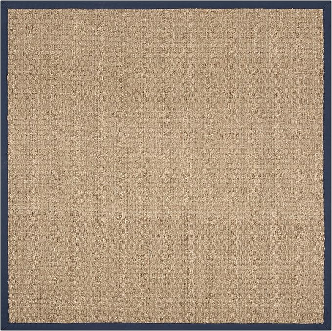 SAFAVIEH Area Rug 8' Square - Natural Fiber Collection - Large - Natural & Blue, Seagrass, Basketweave Pattern with Border (NF114E)
