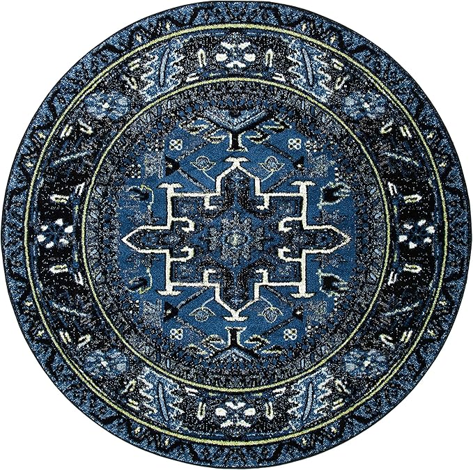 SAFAVIEH Vintage Hamadan Collection Area Rug - 8' Round, Blue & Grey, Traditional Persian Design, Non-Shedding & Easy to Clean, Ideal for Living Room, Bedroom, Dining Space (VTH211N)