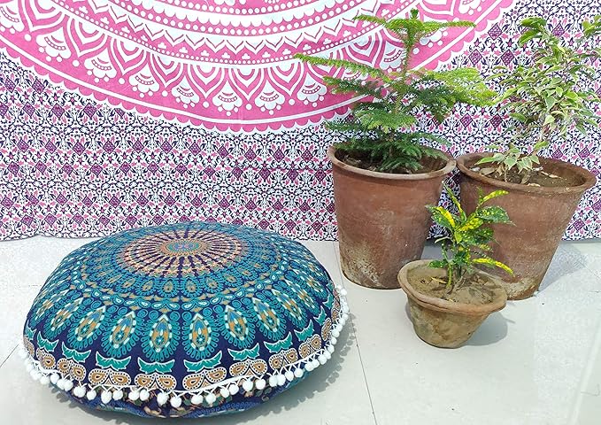 INDIAN CRAFT CASTLE 24" Blue Peacock Mandala Barmeri Large Floor Pillow Cover Cushion Meditation Seating Ottoman Throw Cover Hippie Decorative Zipped Bohemian Pouf Ottoman Pom Pom Cases 24" Round