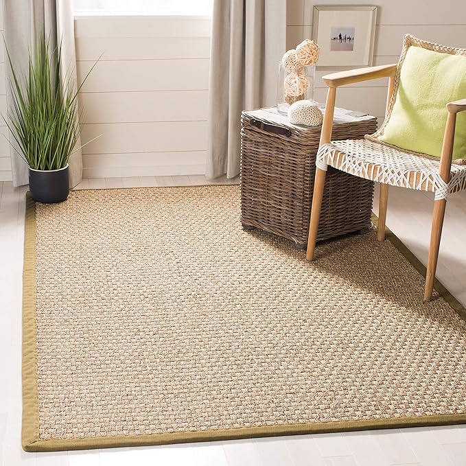 SAFAVIEH Area Rug 6x9 - Natural Fiber Collection - Natural & Olive Green, Seagrass, Basketweave Pattern with Border (NF114G)