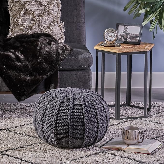 Christopher Knight Home Agatha Knitted Cotton Pouf, Dark Grey Small
