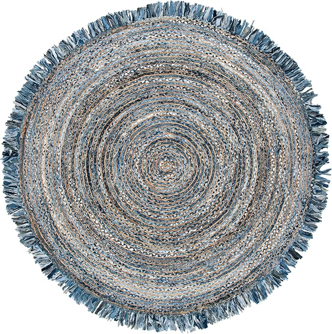 SAFAVIEH Cape Cod Collection Area Rug - 8' Round, Ivory & Denim, Handmade Boho Fringe Jute & Cotton, Ideal for High Traffic Areas in Living Room, Bedroom (CAP206D)