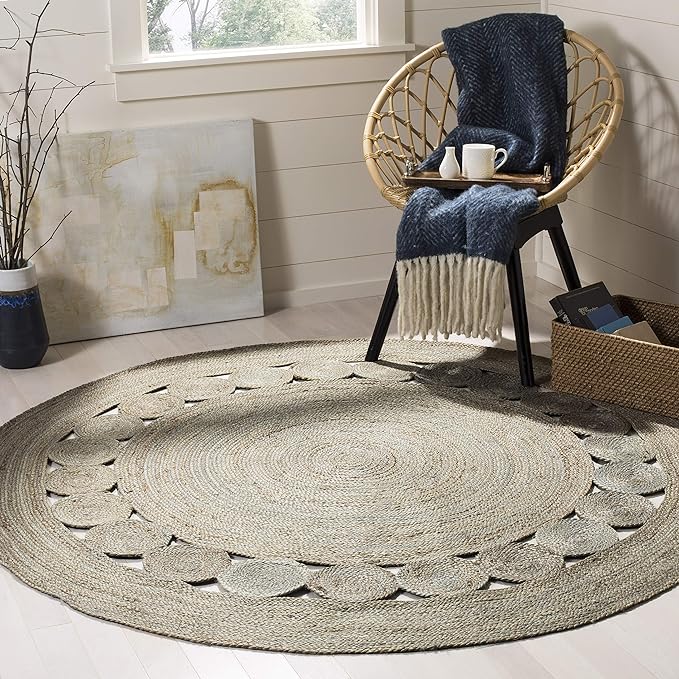 SAFAVIEH Natural Fiber Collection Area Rug - 6'6" Round, Grey, Handmade Jute, Boho Farmhouse Braided Design (NF364C)