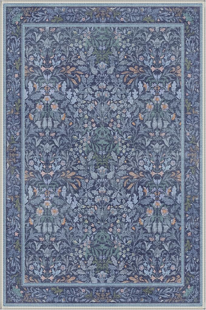 Washable 2x3 Rug, Small Entryway Rug Indoor, Non-Slip Vintage Floral Throw Rug for Front Door, Kitchen, Bathroom, Low Pile Boho Floor Mat, Blue