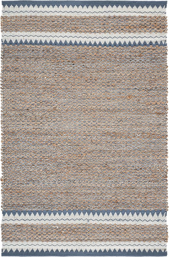 SAFAVIEH Natural Fiber Collection Accent Rug - 4' x 6', Natural & Blue, Handmade Farmhouse Boho Coastal Rustic Jute, Ideal for High Traffic Areas in Entryway, Living Room, Bedroom (NF874M)