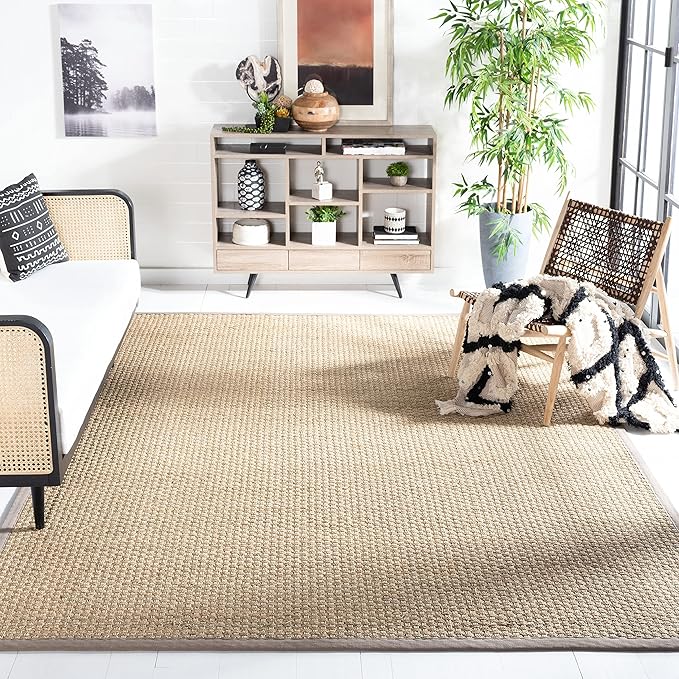 SAFAVIEH Area Rug 11x15 - Natural Fiber Collection - Large - Natural & Grey, Seagrass, Basketweave Pattern with Border (NF114P)
