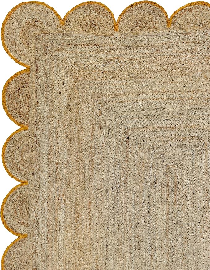 Scalloped Natural Jute Area Rug, Yellow Trim, 2'6"x14'