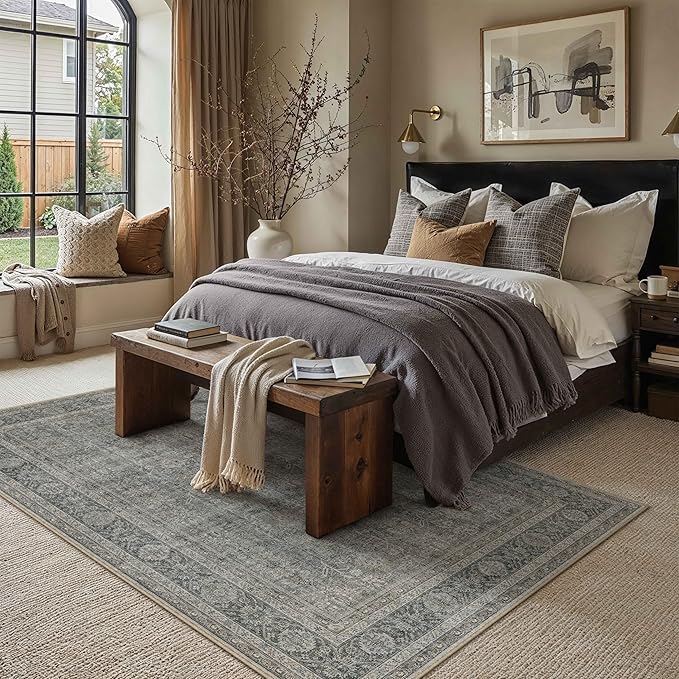 Vintage Area Rug 5x7 Grey Brown Washable Living Room Large Carpet Non Slip Bedroom Indoor Office Low Pile Traditional Distressed Retro Accent Rug for Dining Room Bathroom Kitchen