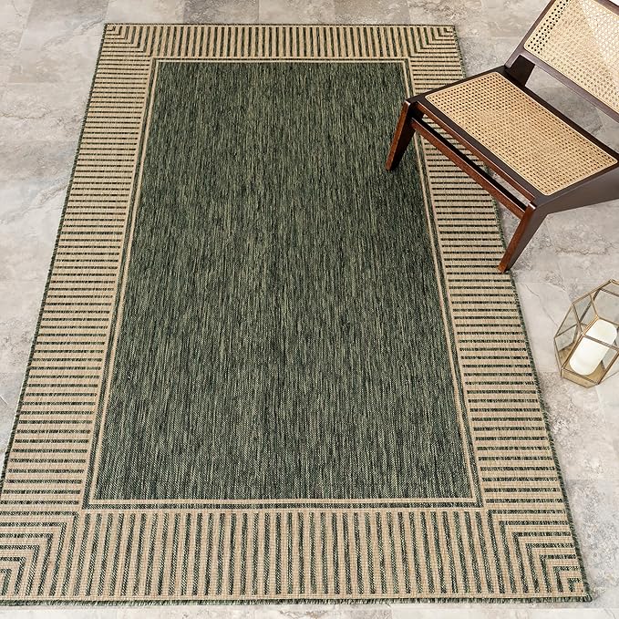 Nuloom Asha Green/Brown, 9'6" x 12', Casual, Striped Border, Soft and Cozy, High Traffic, Stain Resistant, Easy Clean, Durable Area Rug for Indoor/Outdoor Patio, Deck, Porch, Garden, Courtyard