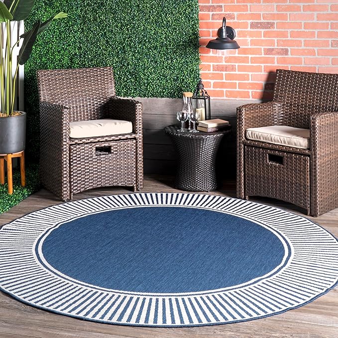 Nuloom Asha Navy/Ivory, 8' Round, Casual, Striped Border, Soft and Cozy, High Traffic, Stain Resistant, Easy Clean, Durable Area Rug for Indoor/Outdoor Patio, Deck, Porch, Garden, Courtyard